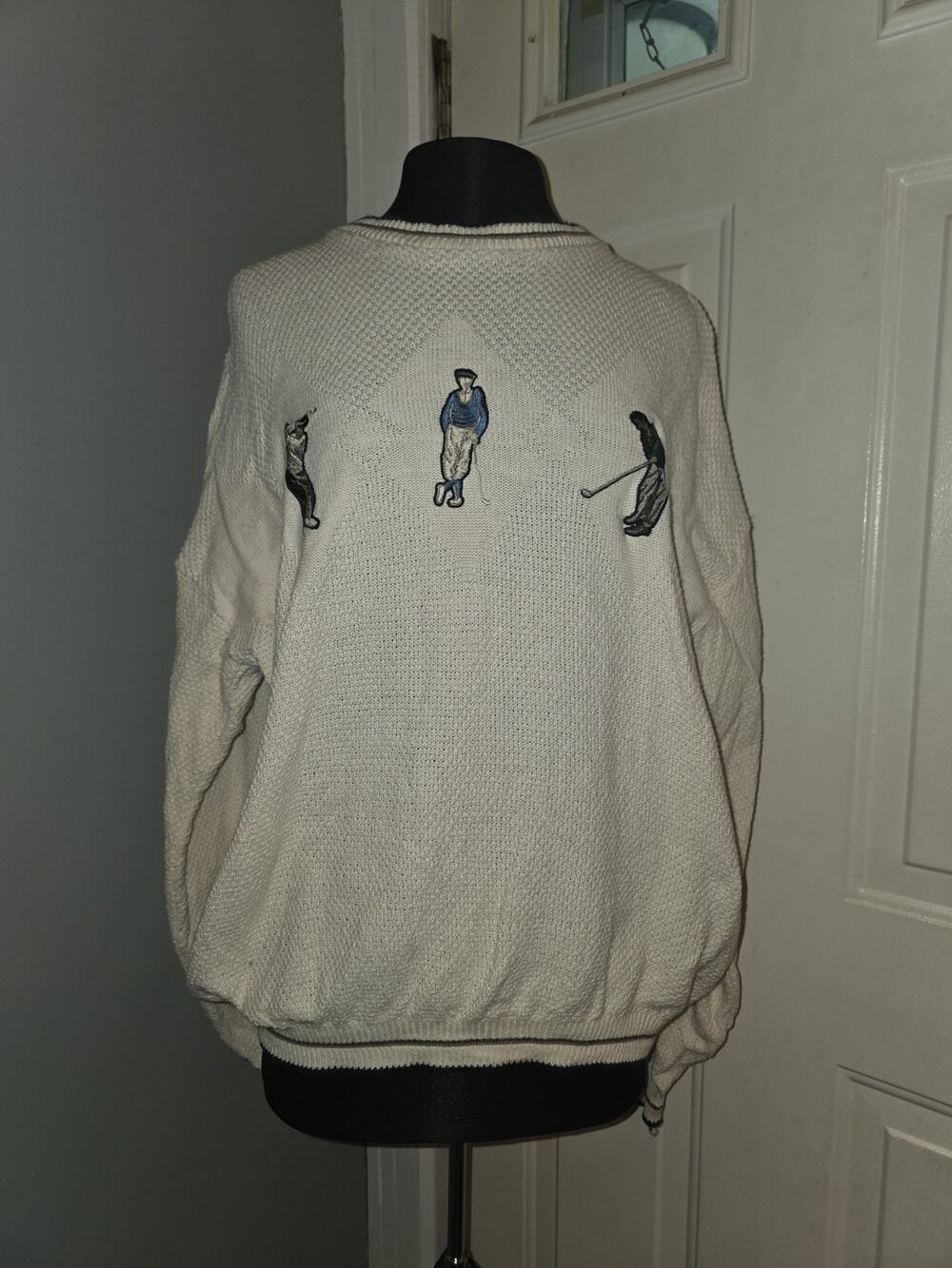Vtg Grand Slam Golf Embroidered Knit Sweater Men's L Cotton Ivory 3 Golfers